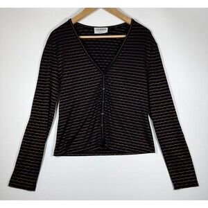 Vintage 90s Gianni Petite Sheer Cardigan Top Womens Large Black Copper Metallic‎